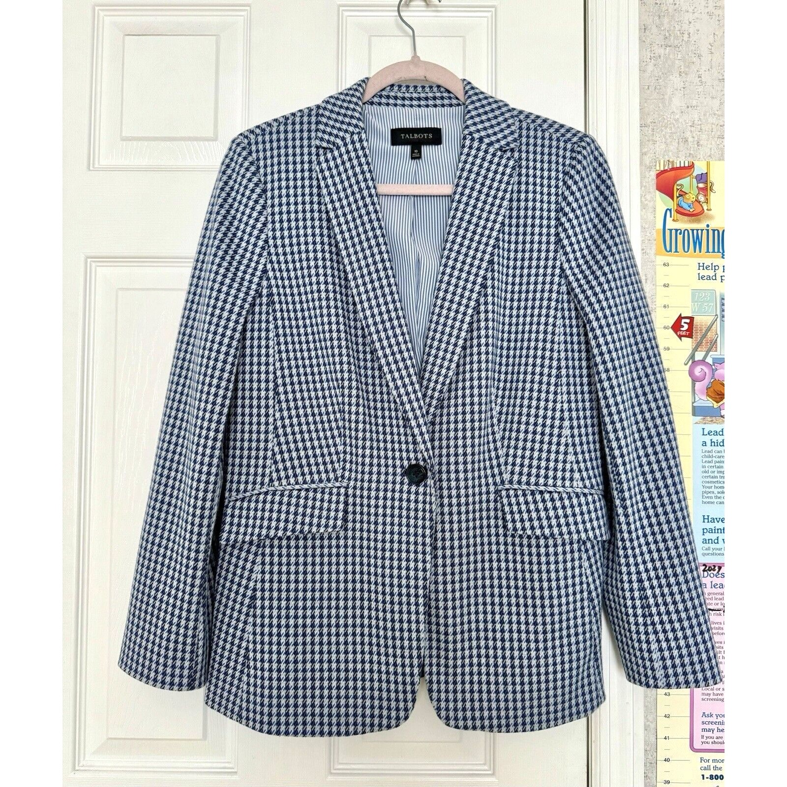 Talbots Women’s Houndstooth Blue Beige Cotton Blend Size 10 Blazer One Buton